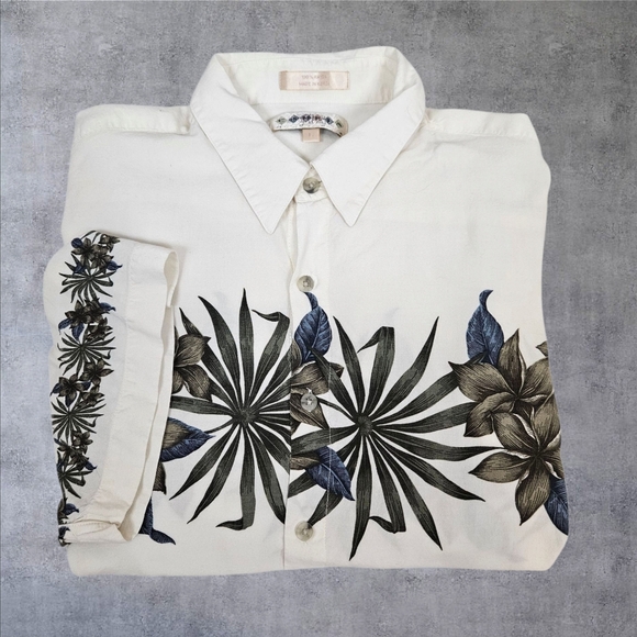 Vintage 80s Campia Moda Cream Tropical Palm Print‎ Hawaiian Shirt Size Large E29 - Picture 1 of 9